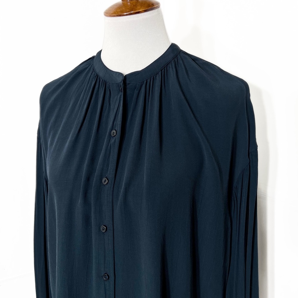 Something Navy Draped Pleated Long Sleeve Navy Blue Buttondown Blouse Top Small - Picture 4 of 12